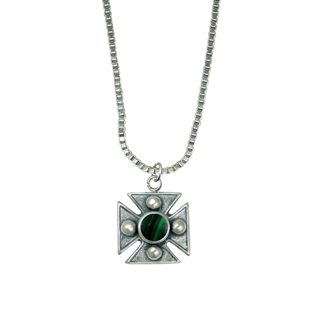Sterling Silver Little Malachite Cross Pendant Necklace